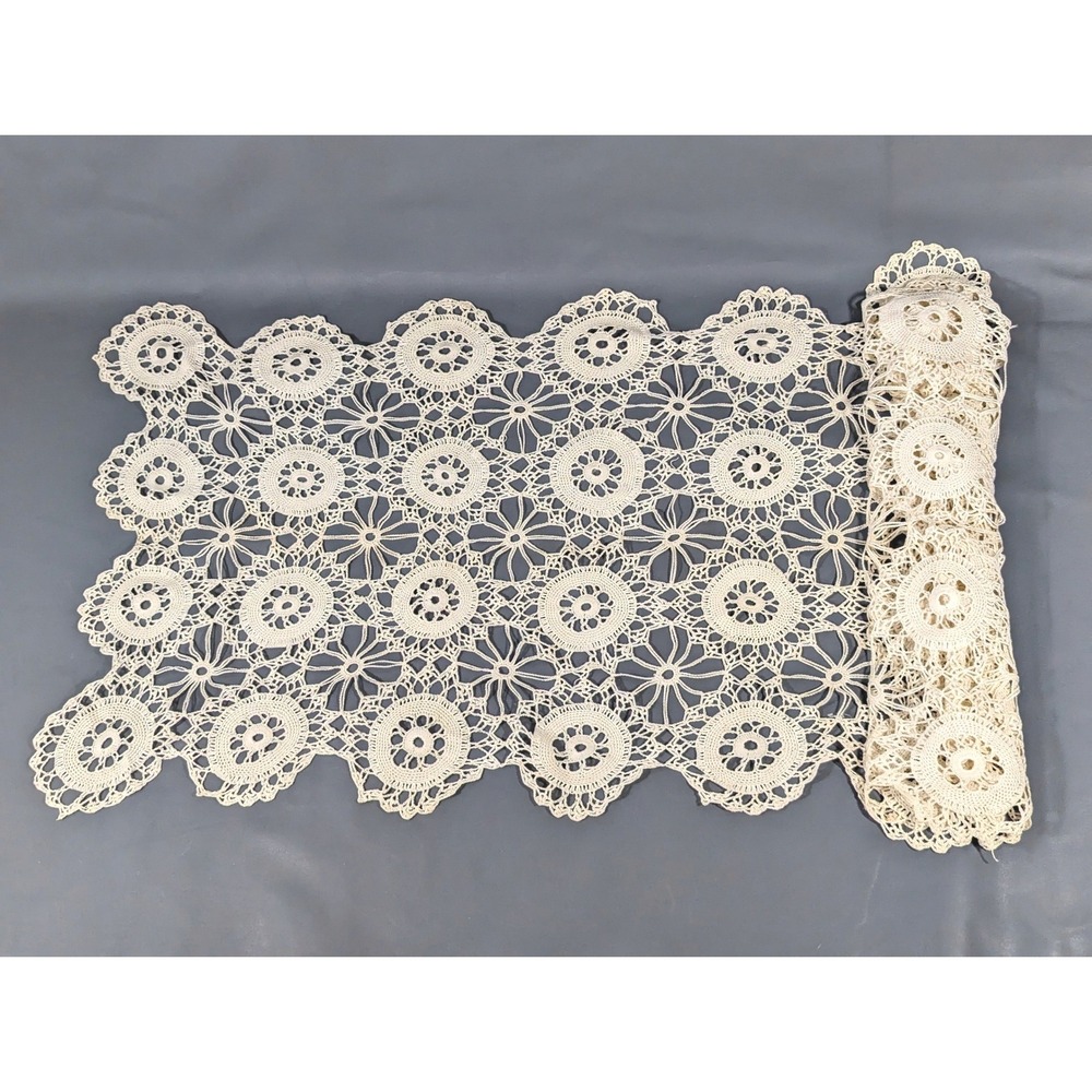 Vintage Cream Crochet Lace Table Runner Floral Medallion Cotton 15"x46"